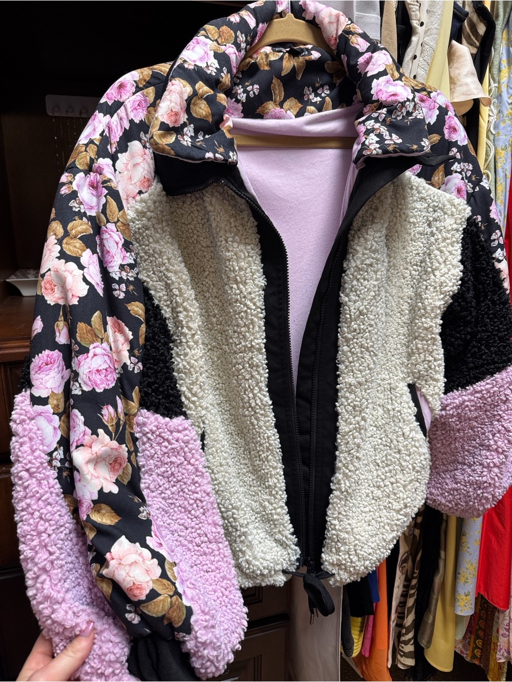 For Love & Lemons Black Floral Sherpa Jacket with Cream and Pink Accents - Picture 2 of 7